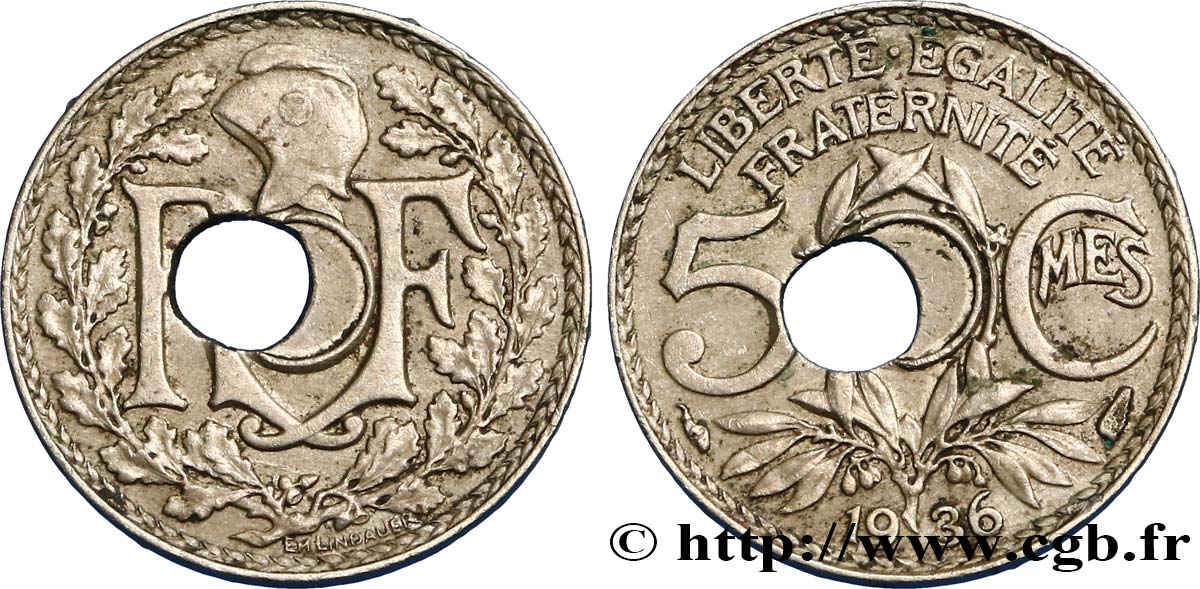 5 centimes Lindauer petit module, trou décentré 1936 Paris F.122/19 var. MBC48 