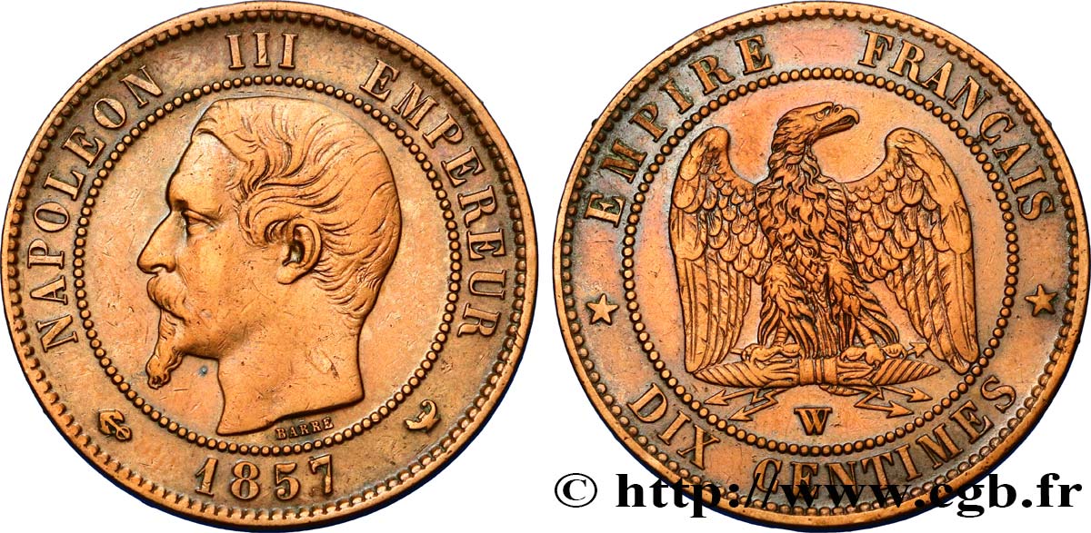 Dix centimes Napoléon III, tête nue 1857 Lille F.133/46 XF48 