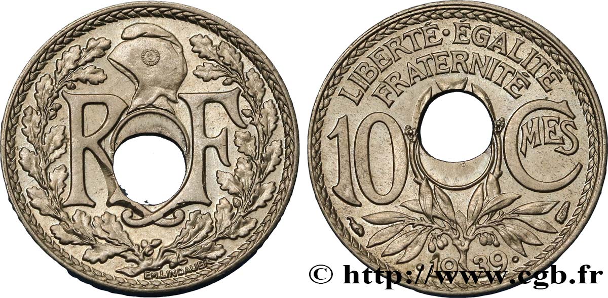 10 centimes Lindauer, maillechort, trou décentré 1939  F.139/3 fST63 