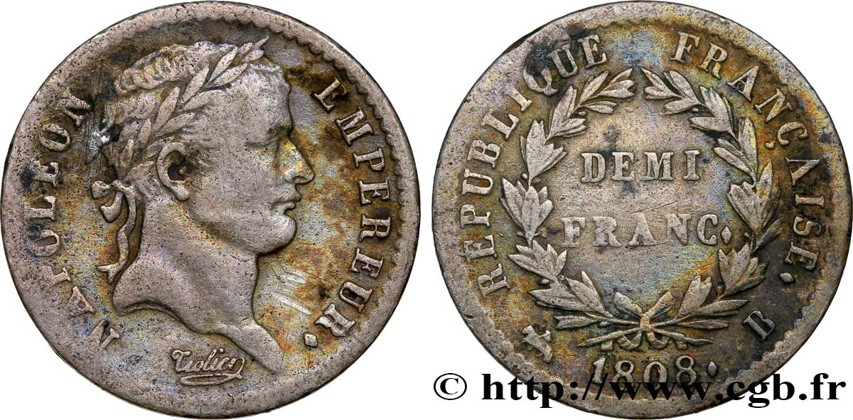 Demi-franc Napoléon Ier tête laurée, République française, buste fin 1808 Rouen F.177/3 MBC40 