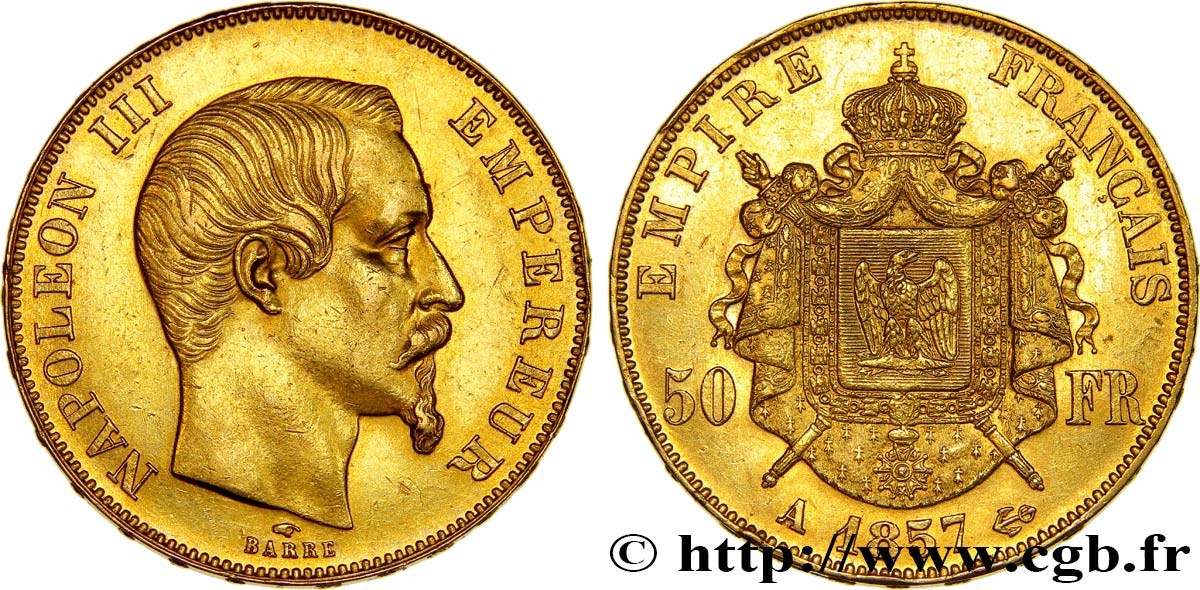 50 francs or Napoléon III, tête nue 1857 Paris F.547/4 SPL55 