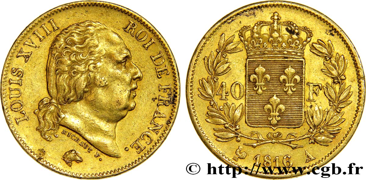 40 francs or Louis XVIII 1816 Paris F.542/1 MBC45 