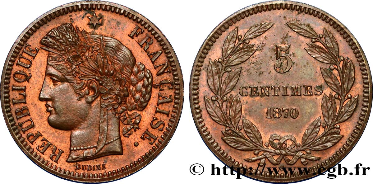 Essai 5 centimes Cérès en Bronze, sans légende 1870  GEM.9 1 MS63 