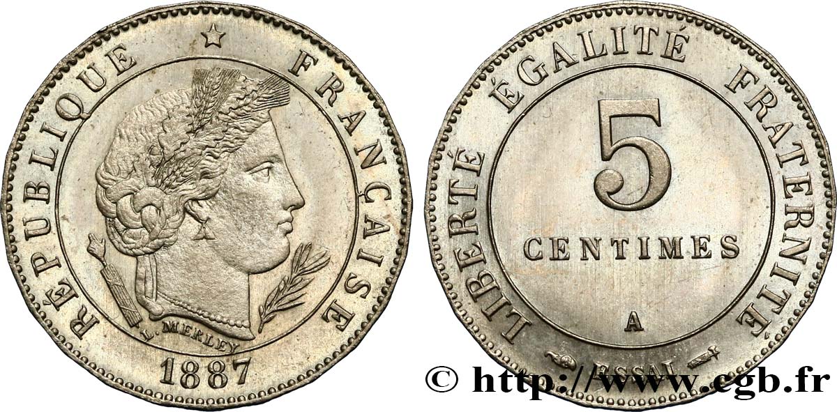 Essai de 5 centimes Merley type II, 24 pans 1887 Paris GEM.13 5 MS63 