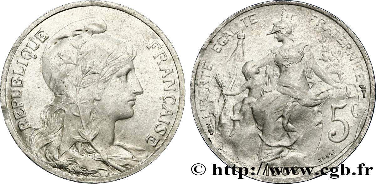 Essai de 5 centimes Daniel-Dupuis, en aluminium 1908 Paris GEM.14 18 EBC60 