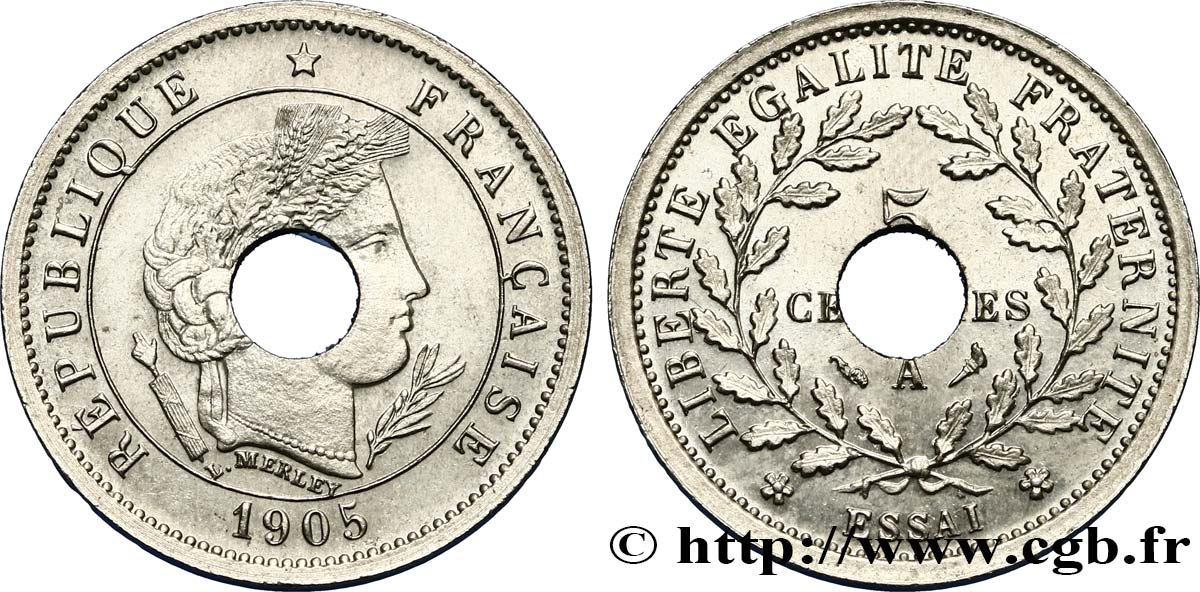 Essai de 5 centimes Merley type I en nickel, perforé 1905 Paris GEM.12 6 VZ62 