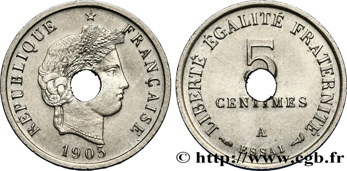 Essai de 5 centimes Merley type II en nickel, perforé 1905 Paris GEM.13 13 EBC62 