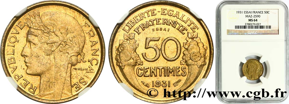 Essai de 50 centimes Morlon 1931 Paris F.192/1 MS64 NGC
