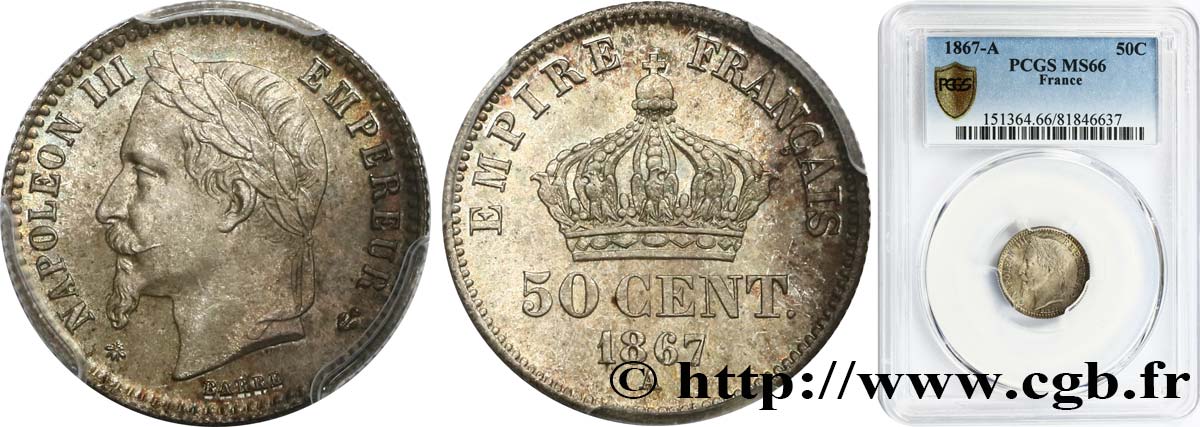 50 centimes Napoléon III, tête laurée 1867 Paris F.188/13 MS66 PCGS
