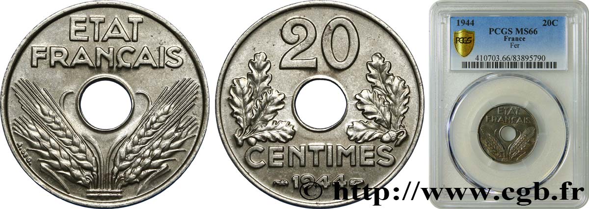 20 centimes fer 1944  F.154/3 ST66 PCGS
