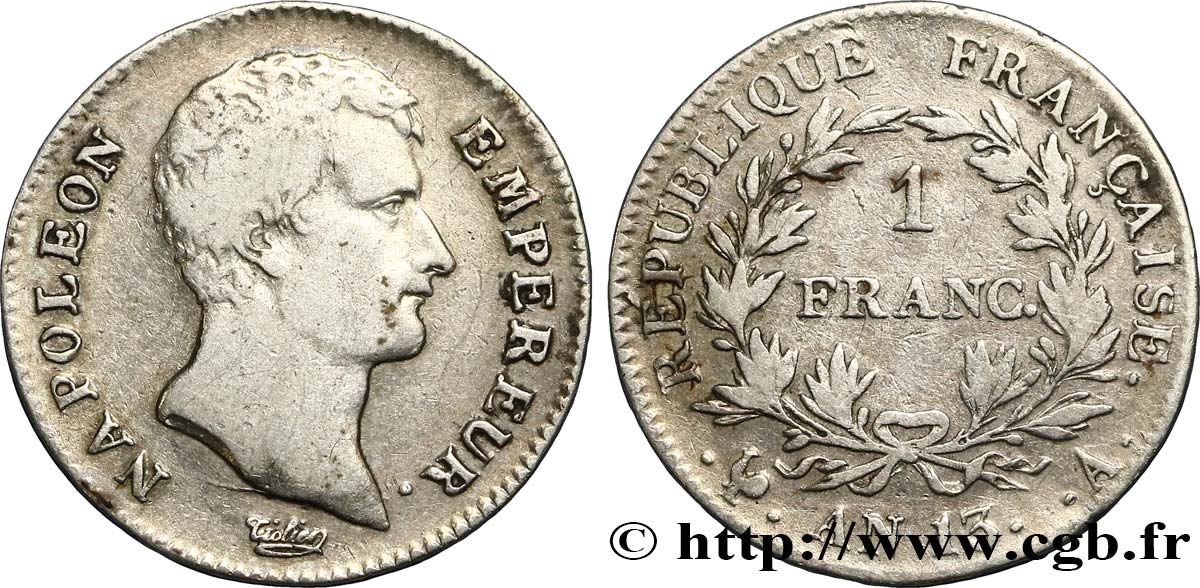 1 franc Napoléon Empereur, Calendrier révolutionnaire 1805 Paris F.201/14 TB20 