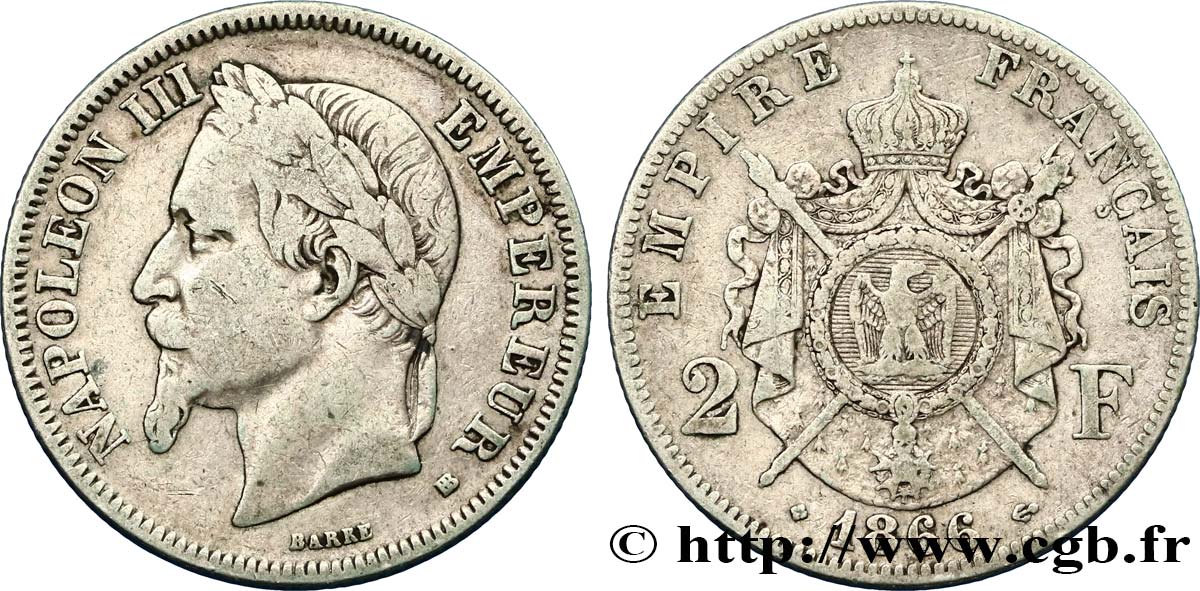 2 francs Napoléon III, tête laurée 1866 Strasbourg F.263/3 TB30 