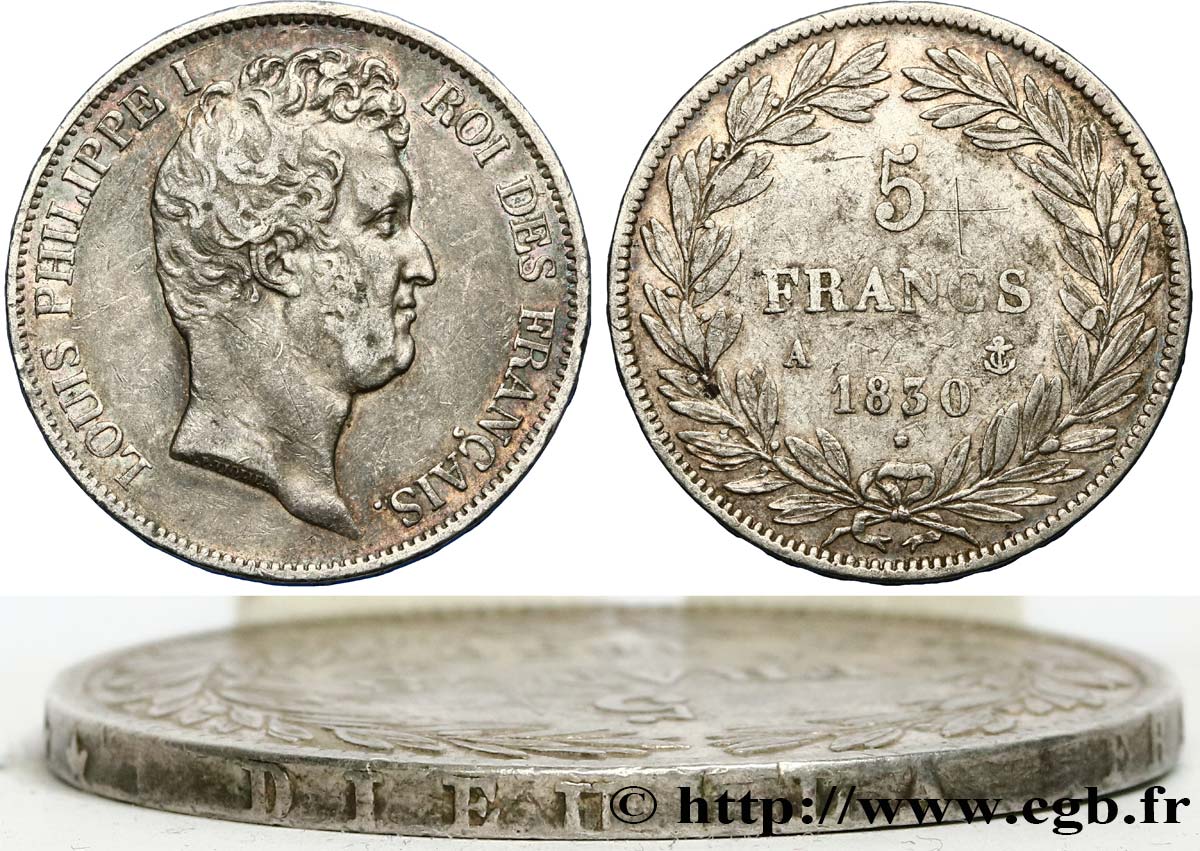5 francs type Tiolier avec le I, tranche en relief fautée en “DIEU LA FRANCE PROTÈGE” 1830 Paris F.316/1 TTB45 