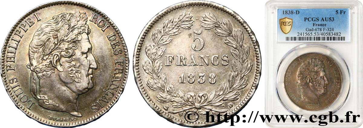 5 francs IIe type Domard 1838 Lyon F.324/71 AU53 PCGS