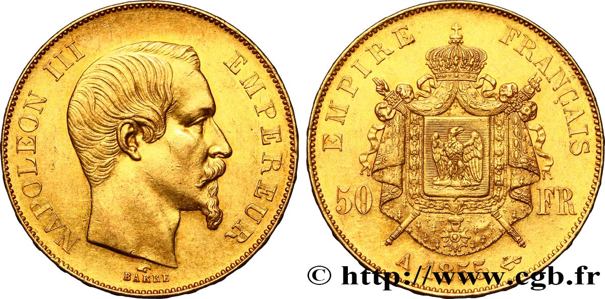 50 francs or Napoléon III, tête nue 1855 Paris F.547/1 MBC48 