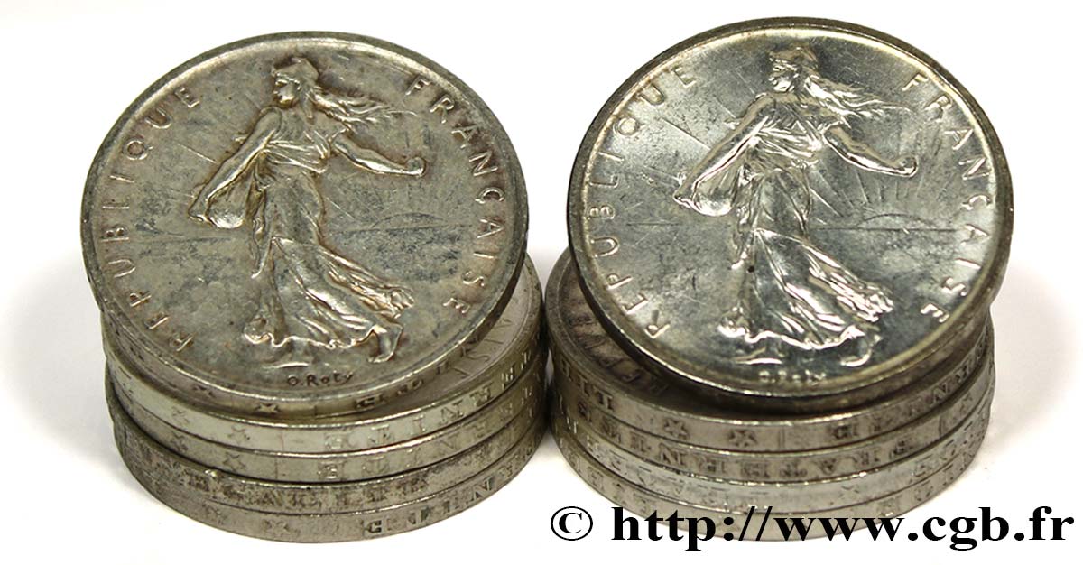 Lot de 10 pièces de 5 francs Semeuse, argent n.d. Paris F.340/- XF 