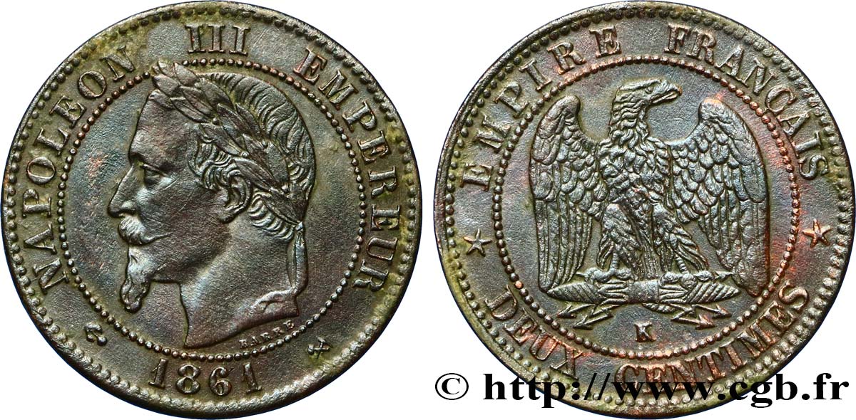 Deux centimes Napoléon III, tête laurée 1861 Bordeaux F.108A/3 MBC50 