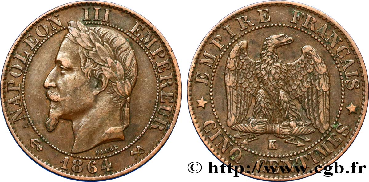 Cinq centimes Napoléon III, tête laurée 1864 Bordeaux F.117/15 TTB40 