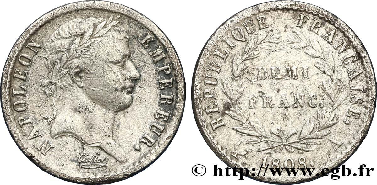 Demi-franc Napoléon Ier tête laurée, République française 1808 Paris F.177/2 TTB 