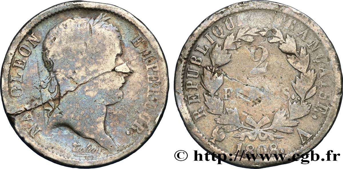 2 francs Napoléon Ier tête laurée, République française 1808 Paris F.254/4 VG 