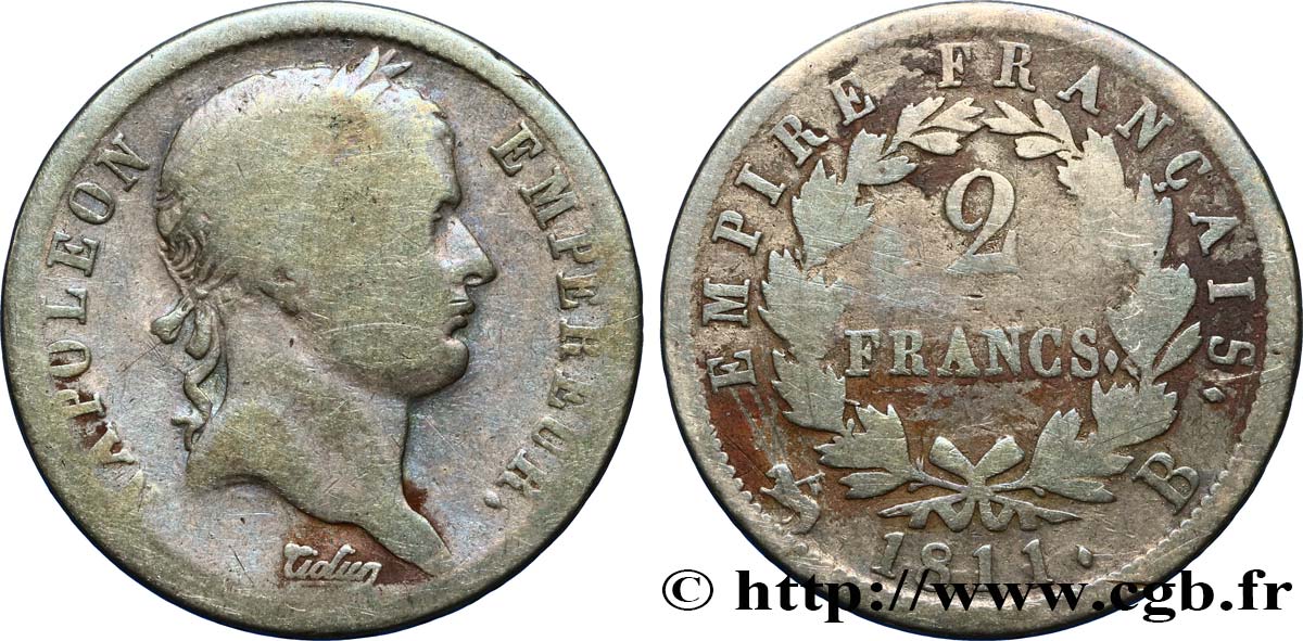 2 francs Napoléon Ier tête laurée, Empire français 1811 Rouen F.255/25 MB15 