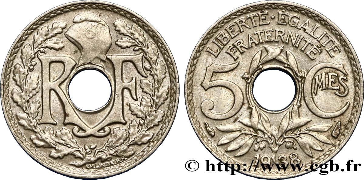5 centimes Lindauer, petit module 1938 Paris F.122/21 EBC55 