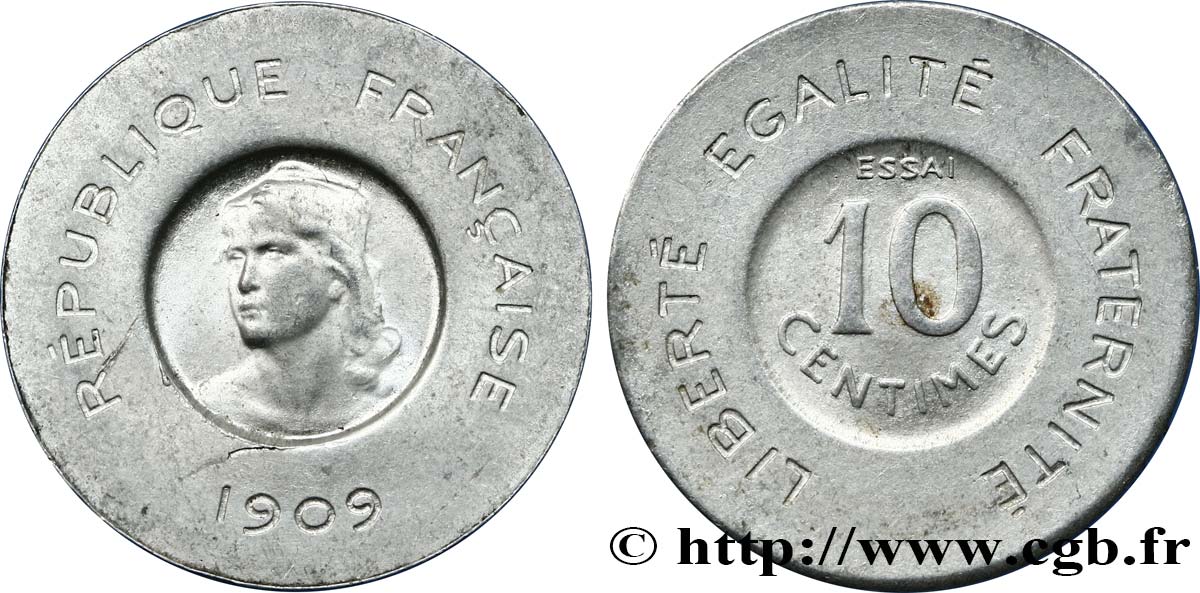 Essai de 10 centimes Rude en aluminium 1909 Paris GEM.35 5 EBC60 