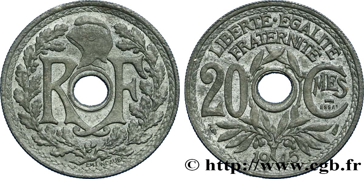 Essai de 20 centimes Lindauer en zinc 1945 Paris F.155/1 SPL62 