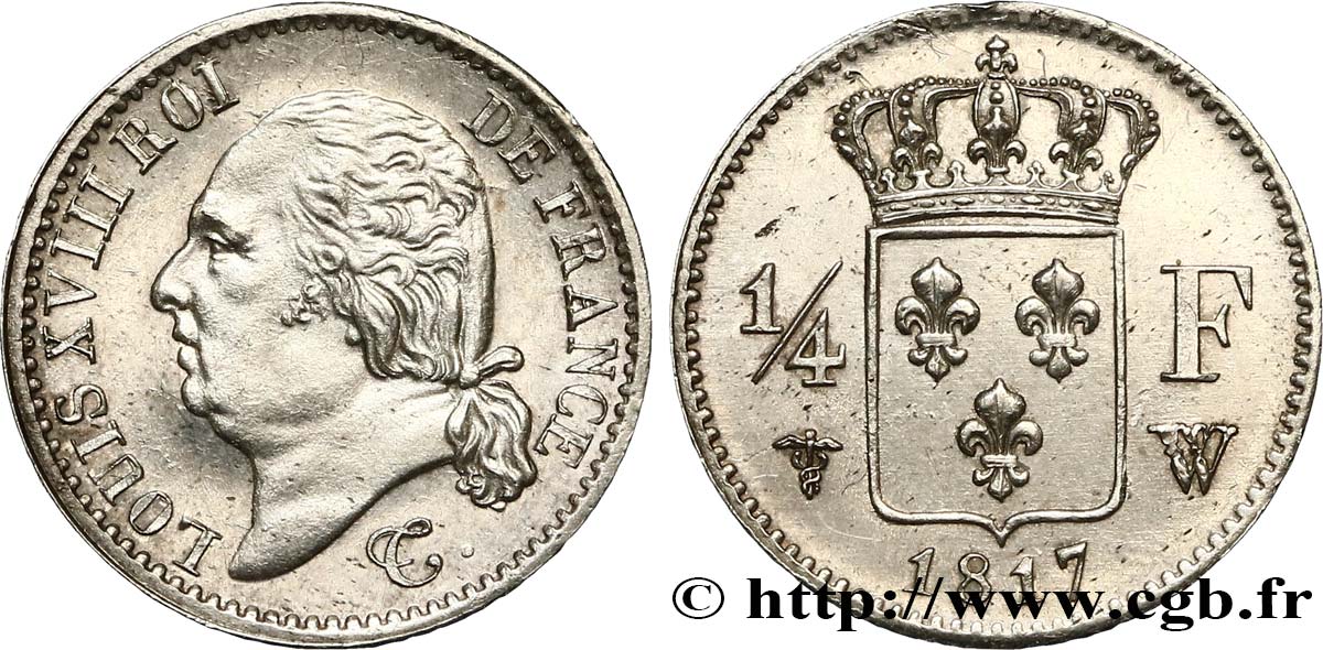 1/4 franc Louis XVIII 1817 Lille F.163/11 SPL62 
