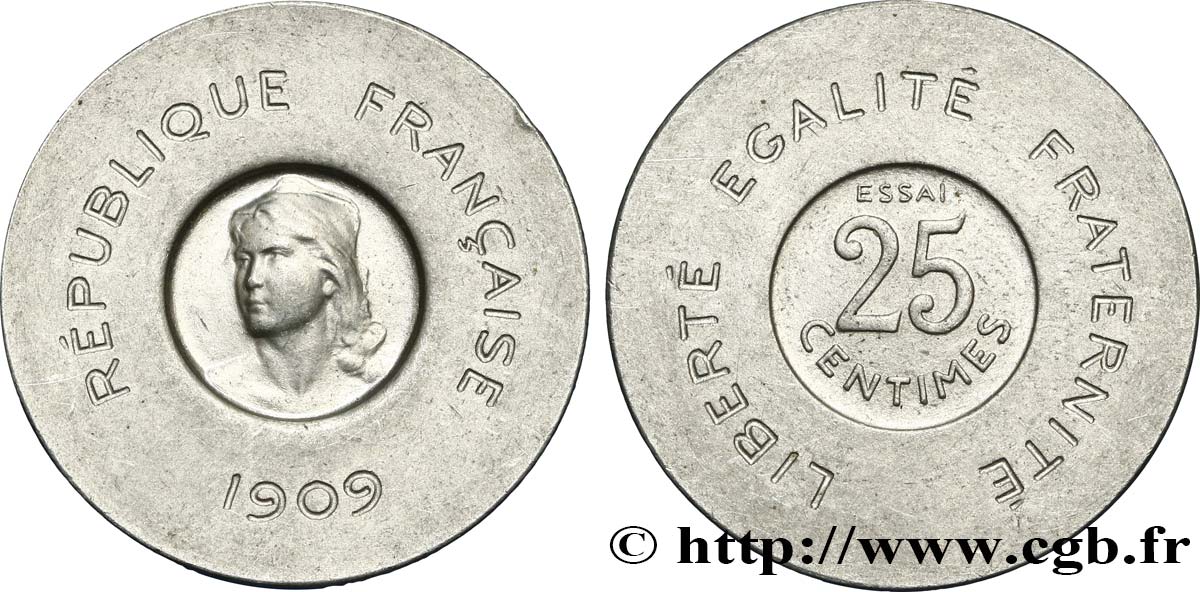 Essai-piéfort de 25 centimes par Rude, frappe monnaie 1909 Paris GEM.65 EP var. EBC58 
