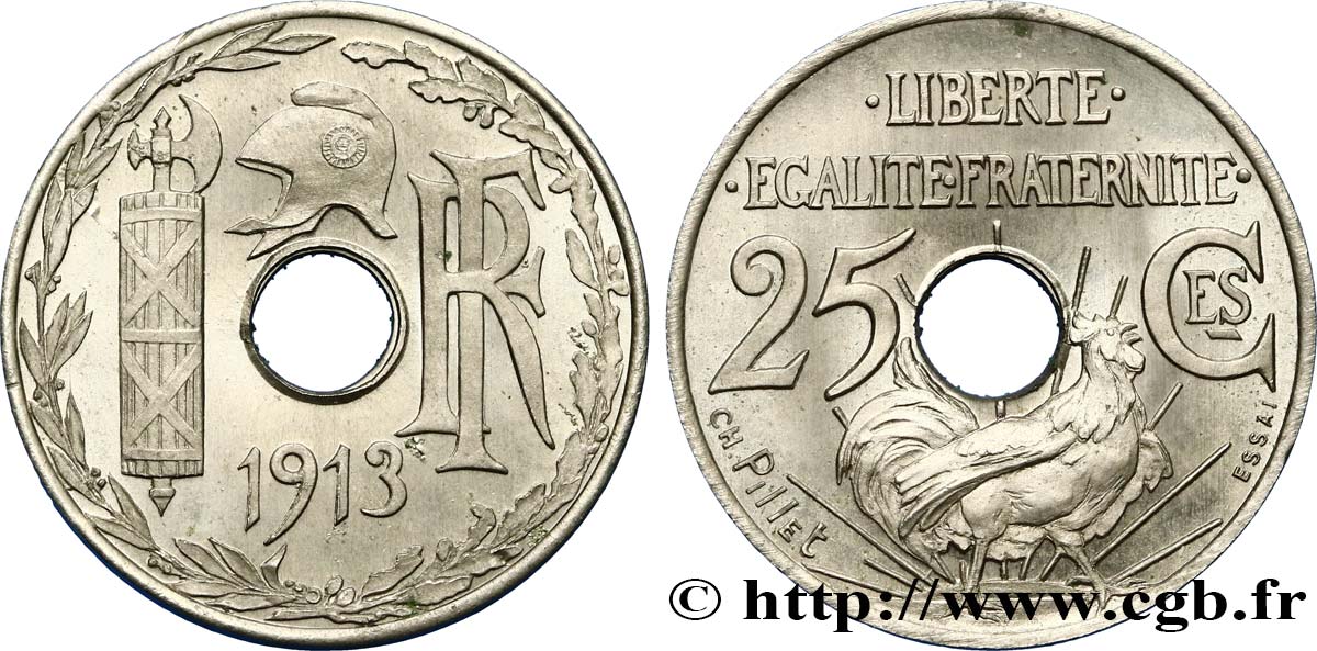 Essai de 25 centimes par Pillet, grand module, deuxième projet 1913 Paris GEM.73 4 MS63 