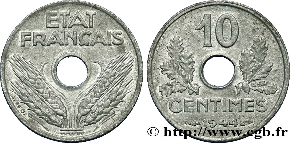 10 centimes État français, petit module 1944  F.142/3 EBC55 