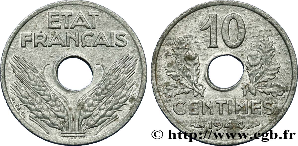 10 centimes État français, petit module 1944  F.142/3 SPL55 