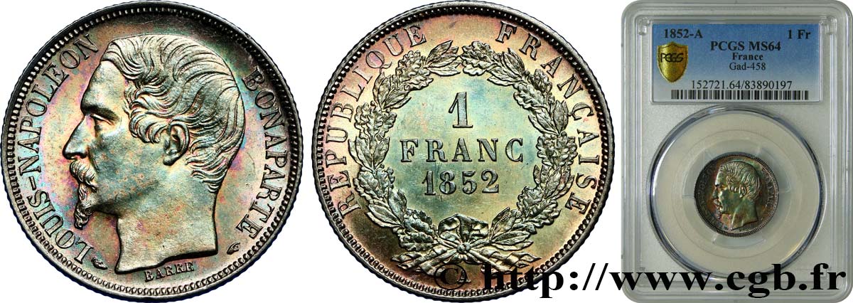 1 franc Louis-Napoléon 1852 Paris F.212/1 MS64 PCGS