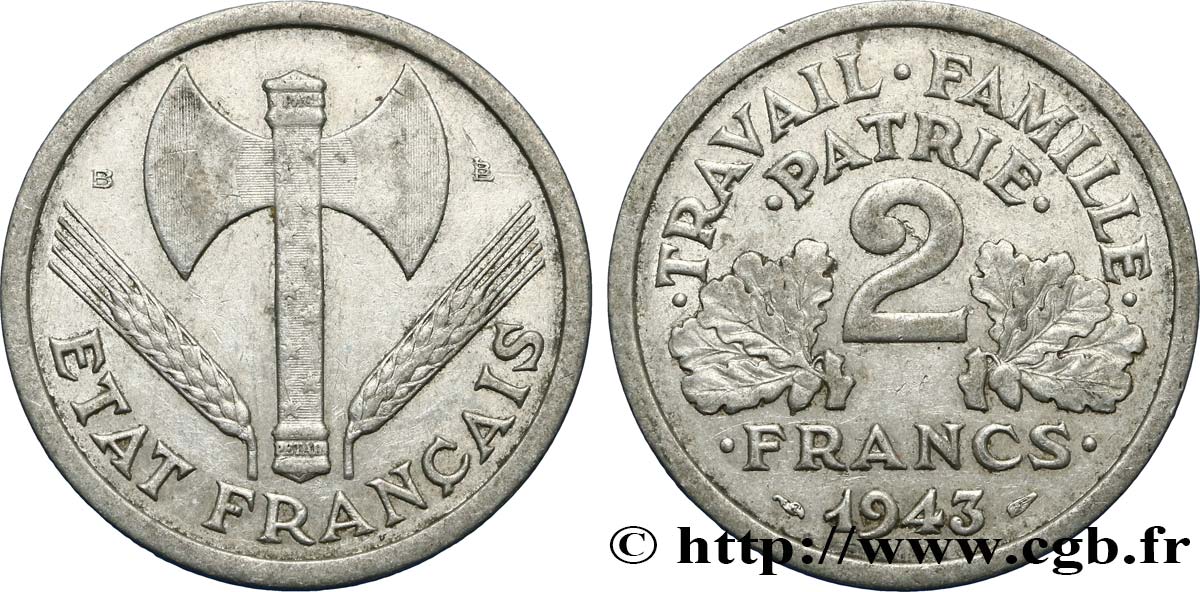 2 francs Francisque 1943 Beaumont-Le-Roger F.270/3 VF25 