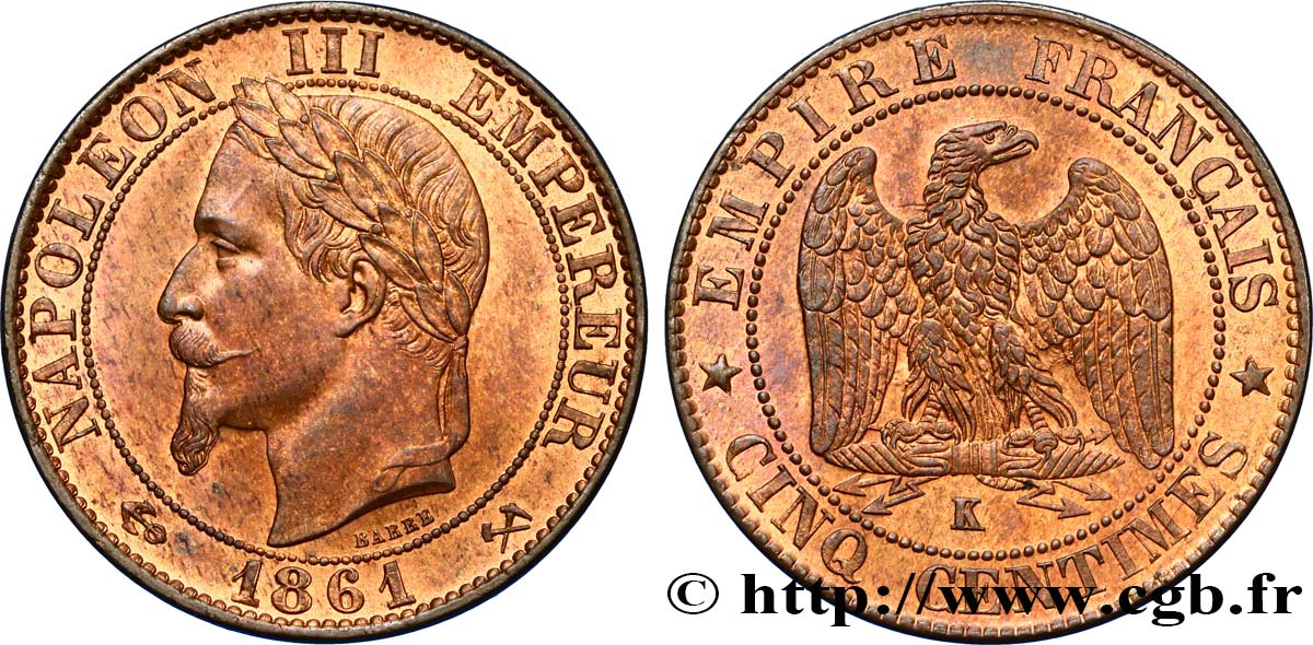 Cinq centimes Napoléon III, tête laurée 1861 Bordeaux F.117/6 fST63 