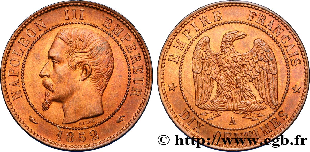Dix centimes Napoléon III, tête nue 1852 Paris F.133/1 MS63 