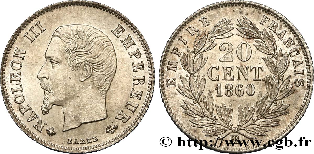 20 centimes Napoléon III, tête nue 1860 Strasbourg F.148/16 SPL63 