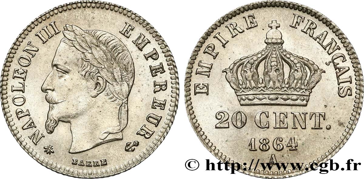 20 centimes Napoléon III, tête laurée, petit module 1864 Paris F.149/1 MS63 