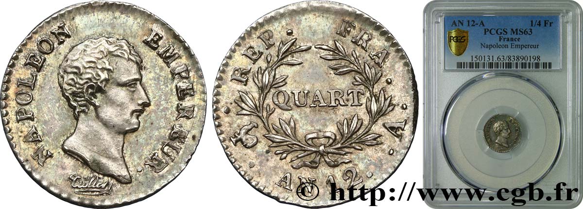 Quart (de franc) Napoléon Empereur, Calendrier révolutionnaire 1804 Paris F.158/1 MS63 PCGS