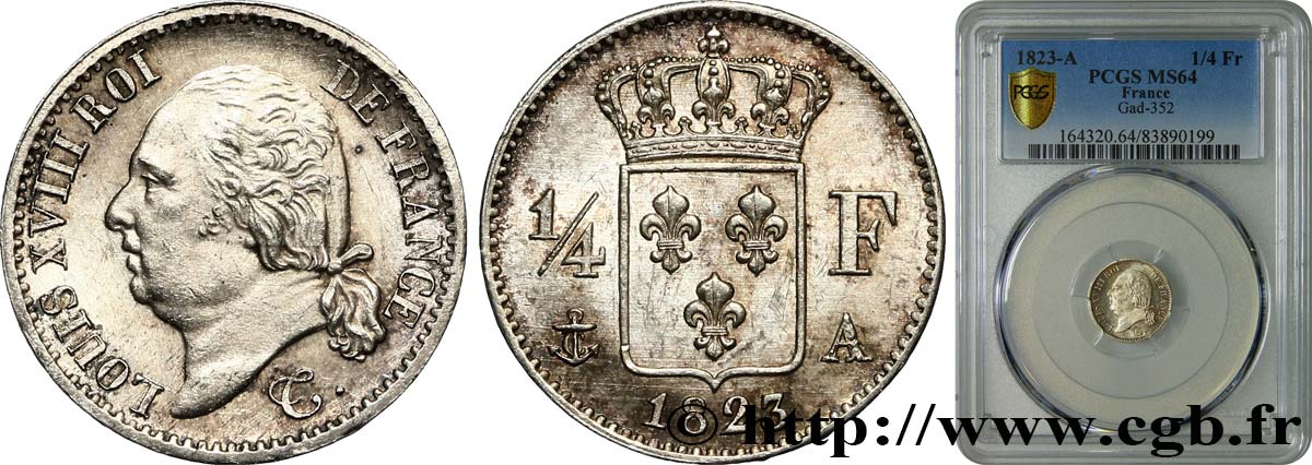 1/4 franc Louis XVIII 1823 Paris F.163/24 SC64 PCGS