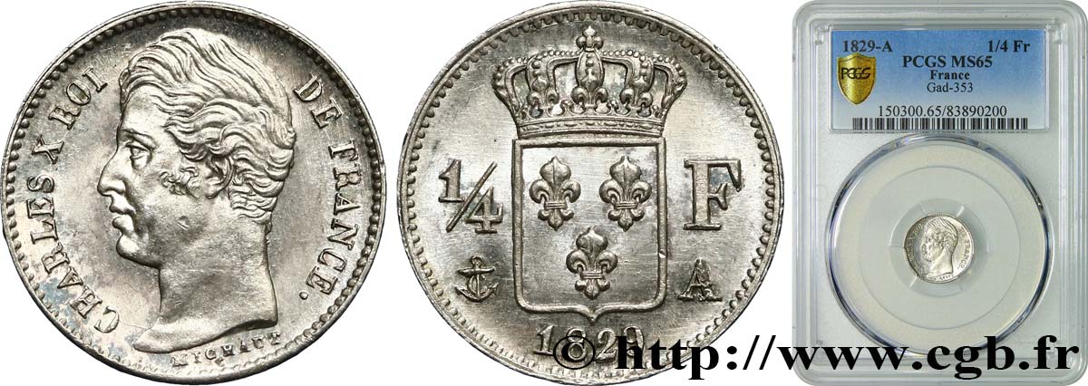 1/4 franc Charles X 1829 Paris F.164/29 MS65 PCGS