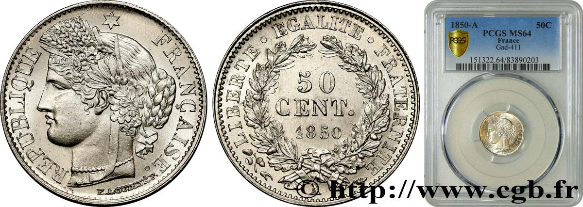 50 centimes Cérès, IIe République 1850 Paris F.184/2 fST64 PCGS