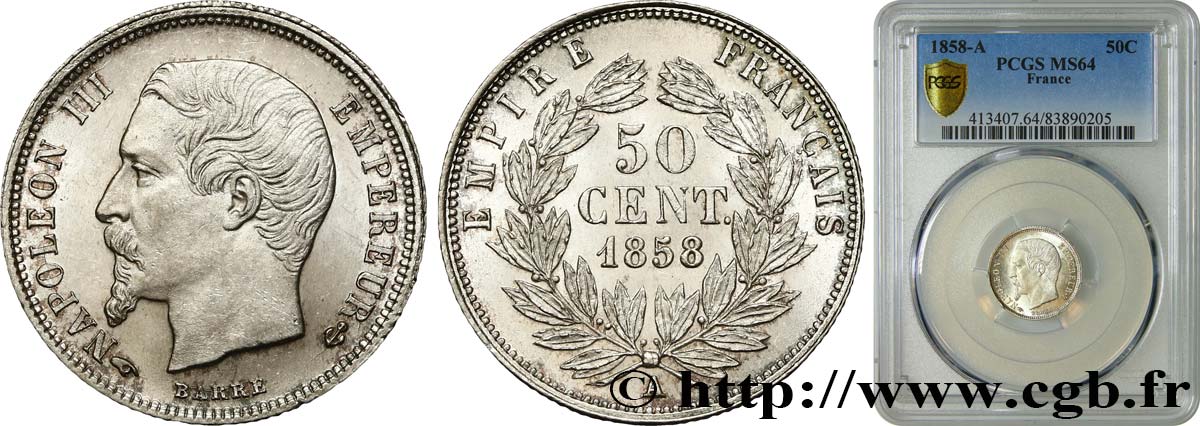 50 centimes Napoléon III, tête nue 1858 Paris F.187/9 SPL64 PCGS