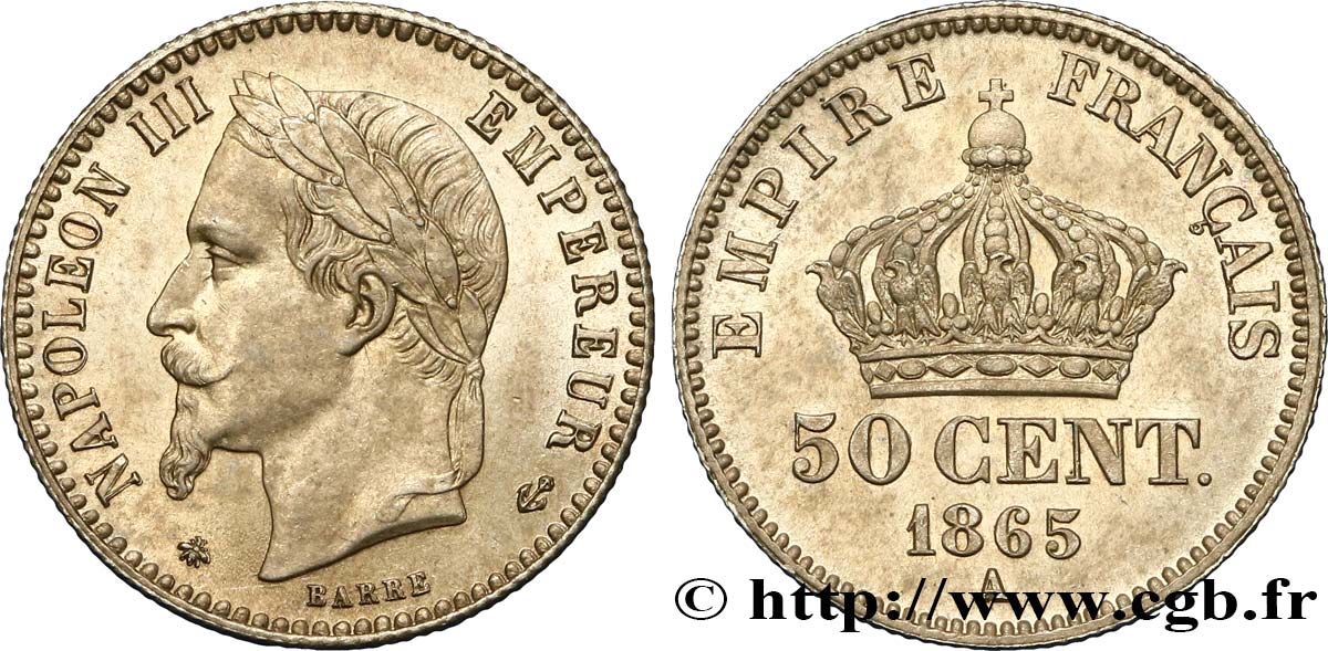50 centimes Napoléon III, tête laurée 1865 Paris F.188/6 SPL63 