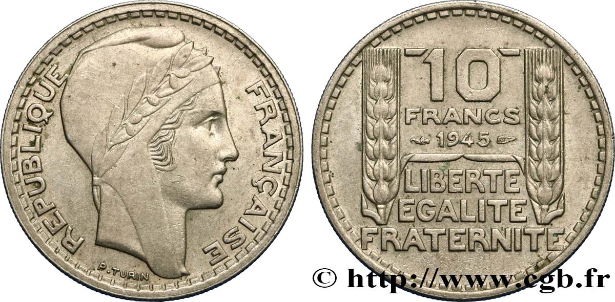 10 francs Turin, grosse tête, rameaux courts 1945  F.361A/1 TTB45 
