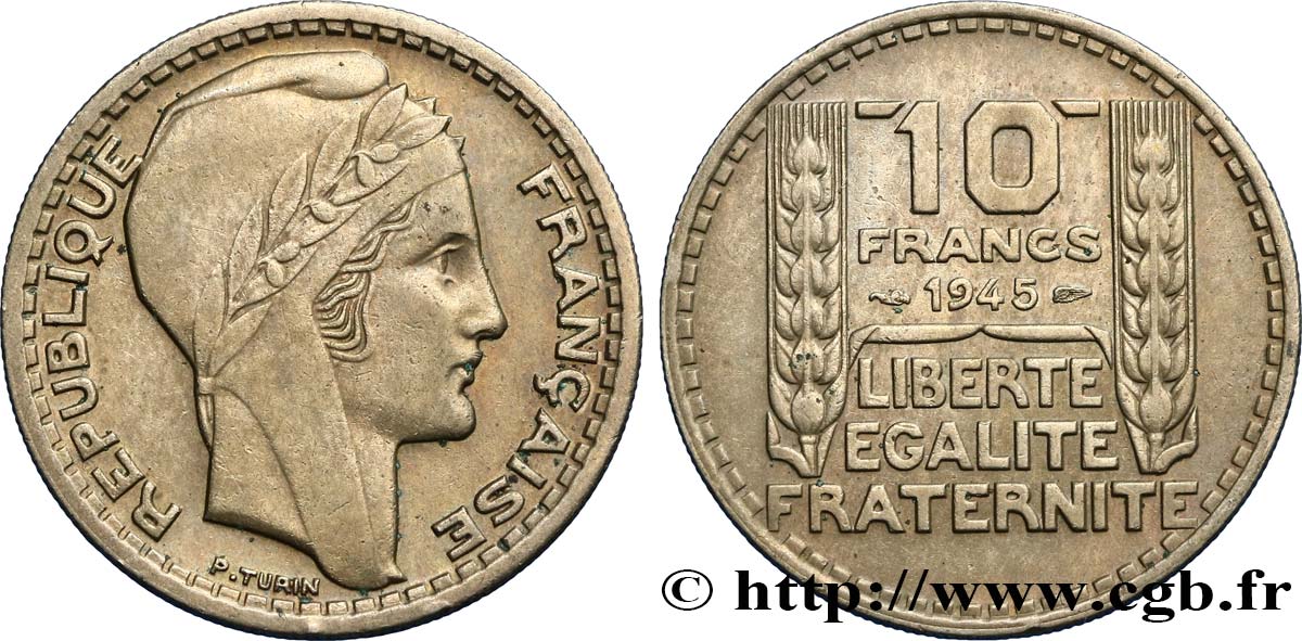 10 francs Turin, grosse tête, rameaux courts 1945  F.361A/1 XF45 