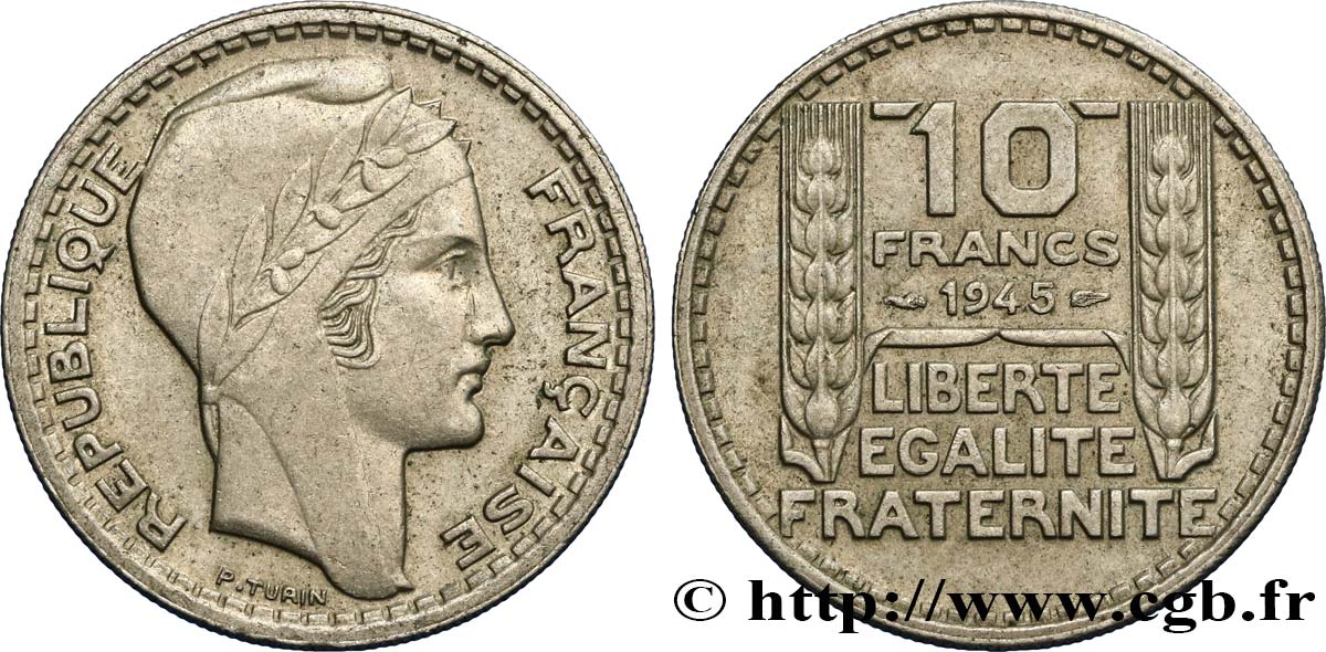 10 francs Turin, grosse tête, rameaux courts 1945  F.361A/1 BB45 