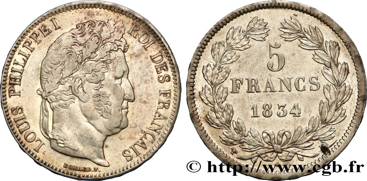 5 francs IIe type Domard 1834 Marseille F.324/38 AU50 