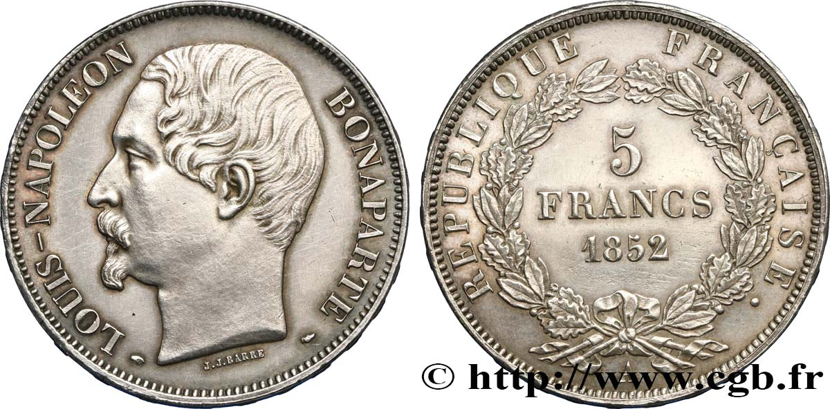 5 francs Louis-Napoléon, J.J. BARRE 1852 Paris F.328/1 MS 
